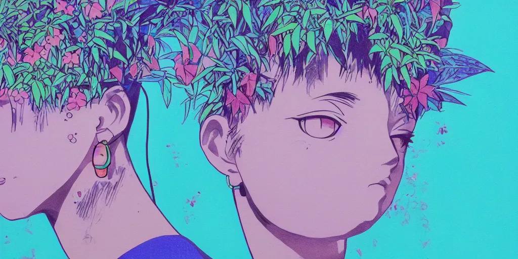 Prompt: risograph grainy painting of running man anime - like hero girl protagonist face, matte dull colors, with huge earrings, face covered with plants and flowers, by moebius and dirk dzimirsky and satisho kon, blue hour, close - up wide portrait