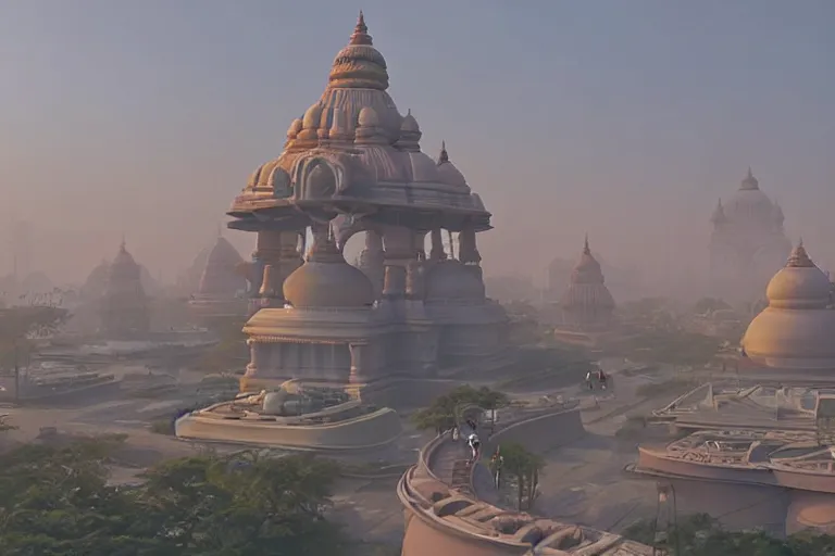 Image similar to beautiful futuristic new delhi, sharp sci - fi ganesha!! building, kalighat flowers, octane highly detailed cinematic, stephen shore & john j. park, soft morning light, wide shot, aerial shot, uhd 8 k, shallow depth of field