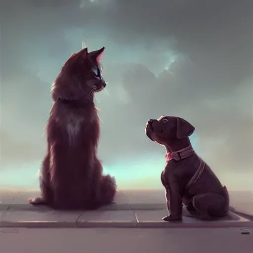 Image similar to A dog and cat stare intently towards the sky, digital art, artstation, Mandy Jurgens, CGSociety, WLOP