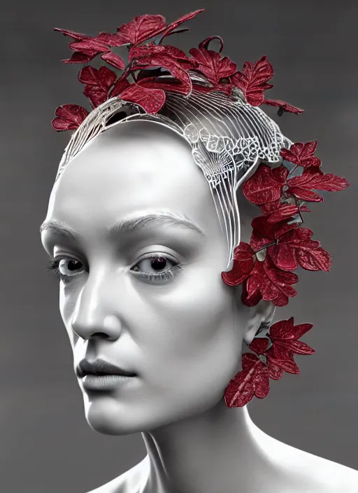 Image similar to complex 3d render ultra detailed of a beautiful porcelain profile woman face, mechanical cyborg, 150 mm, beautiful studio spotlight, rim light, silver gold red details, fine filigran foliage lace, magnolia big leaves and stems, roots, mesh wire, Alexander Mcqueen haute couture, luxurious, intricate details, hyper realistic, mandelbrot fractal, anatomical, facial muscles, cable wires, microchip, elegant, octane render, H.R. Giger style, 8k