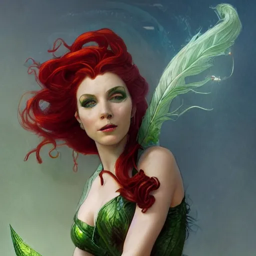 Prompt: a stunning matte painting of ariel dressed as a beautiful poison ivy with hair tied in a braid, dark eyeliner, intricate, elegant, highly detailed, digital painting, artstation, concept art, sharp focus, illustration, art by artgem and jugendstil and greg rutkowski and alphonse mucha, pixv