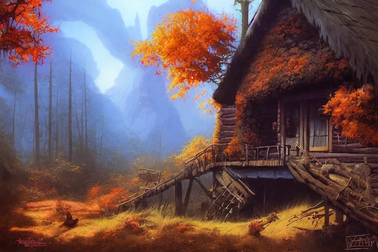 Image similar to morning autumn lonely cabin by rodney matthews, frank frazetta, trending on artstation.