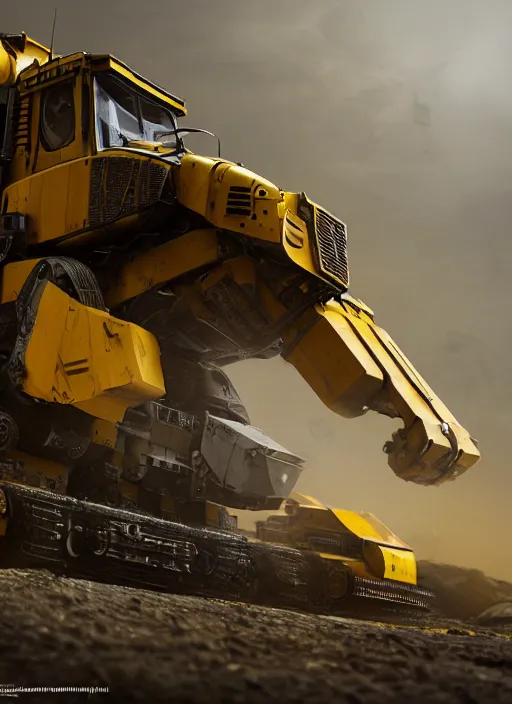 Prompt: a photorealistic dramatic hyperrealistic render of a futuristic caterpillar exosuit power dozer heavy machinery, ultra realistic details, glossy yellow, well worn, rust, oil stains by vitaly bulgarov and mike nash, beautiful dramatic dark moody tones and lighting, cinematic atmosphere, studio lighting, global illumination, shadows, dark background, octane render, 8 k