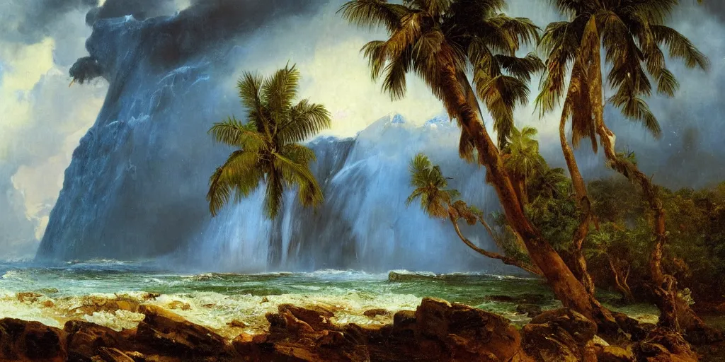 Prompt: a beautiful landscape painting of a tropical island with waterfall and palm trees, heavy snow fall, by frederic edwin church, oil on canvas, highly detailed, hd, 4 k
