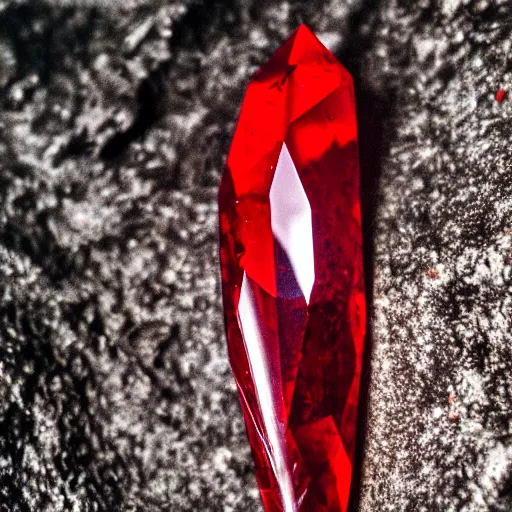 Image similar to a deep red, glowing, elongated crystal on a rock, film grain