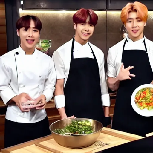 Image similar to BTS k-pop stars cooking show in 4k in gourmet kitchen with great lighting with Emma Watson as guest host