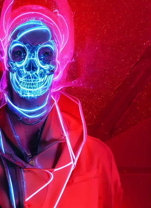 Image similar to photo of fullbodied baroque and cyberpunk and tron delicate neon diamond sculpture of seductive bright albino marble prince tyson ballou dotado mint iridescent humanoid deity wearing red plastic hoody holding molten skull in a laser alien dungeon, reclining, glowing magenta face, crown of white diamonds, cinematic lighting, photorealistic, octane render 8 k depth of field 3 d