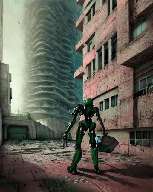 Image similar to hyperrealistic 3d render highly detailed exoskeleton baroque mecha iridescent pink brutalist city ruins background concept art octane santiago caruso de chirico sharp very dramatic green light 8k low angle shallow depth of field