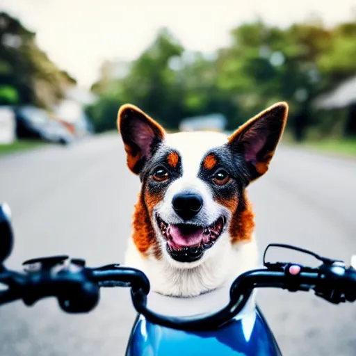 Image similar to blue heeler dog on a motorcycle, 8 k photography, blurred background of a wafflehouse