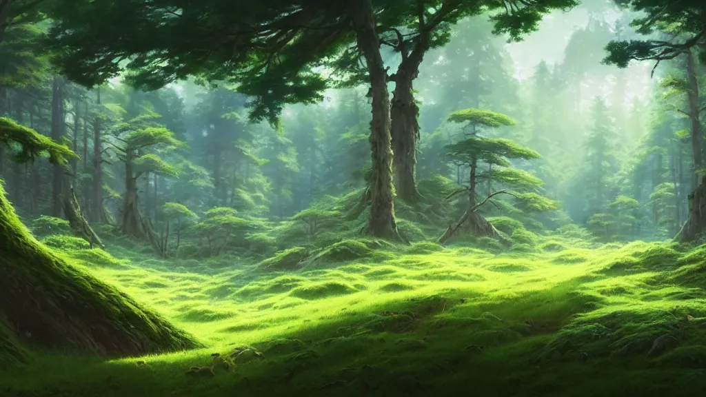 Image similar to forest clearing landscape, studio ghibli, pixar and disney animation, sharp, rendered in unreal engine 5, highly detailed, digital painting, artstation, concept art, smooth, sharp focus, illustration, wide angle, artbook, wallpaper, splash art, promo art, dramatic lighting, art by artgerm and greg rutkowski and bo chen and jin xiaodi