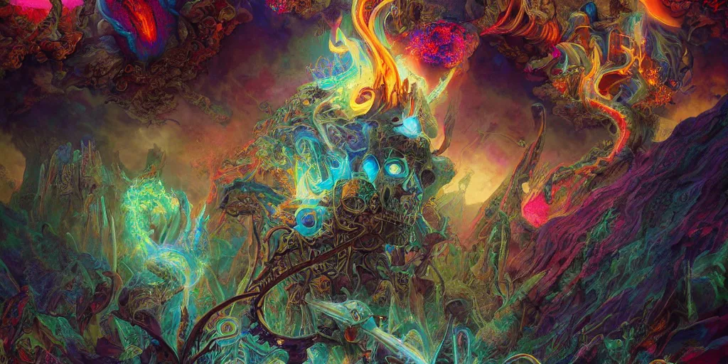 Prompt: gigantic psychedelic demonic cosmic skull of death and fire, outer space, fantasy painting, ultra realistic, dmt, symmetrical, wide angle, art nouveau, intricate details, digital painting, rainbowshift, vivid colors, highly detailed by peter mohrbacher, h. r. giger, maxfield parrish, craig mullins, octane render, cgi