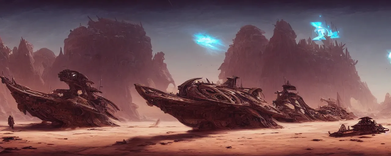 Image similar to an intricate concept art of ship of space pirates landing in a desert ruined world, concept art, matte painting, style by dylan cole and tyler edlin art, hyper realistic, sci - fi, environment design, wide angle, unreal engine, epic lighting,