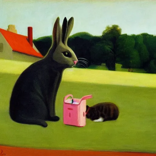 Prompt: a (cat) having a picnic with a bunny, the bunny has pink fur, the cat has black fur, highly detailed, painted by Edward Hopper