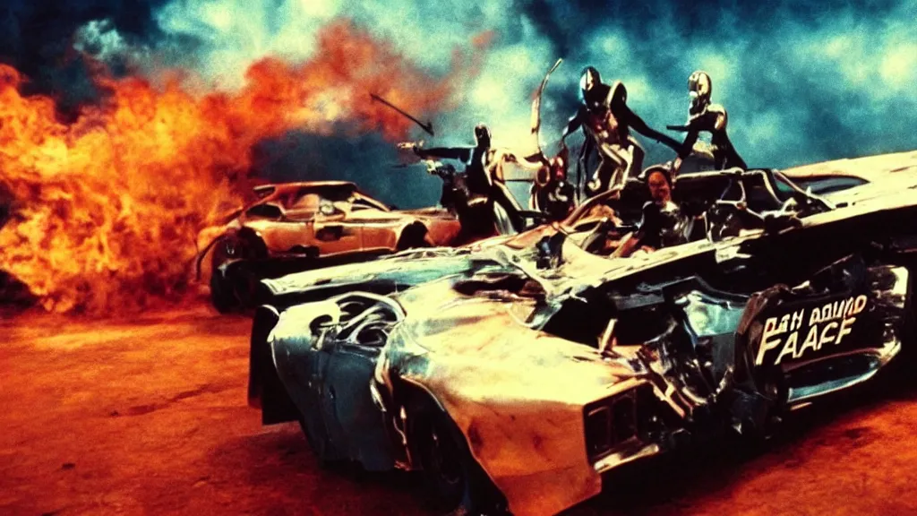 Image similar to film still from the movie death race 3 0 0 0, the sequel to the movie death race 2 0 0 0, cult cinema, pulp cinema, vintage, nineteen seventies, saturated color, cinematic lighting, cinematic composition