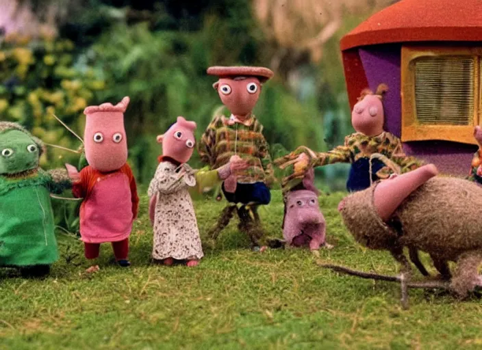 Image similar to a scene from a 1 9 7 0 s british kids tv programme by the bbc and oliver postgate, stop motion animation, the clangers, postman pat, vhs distortion, folk horror