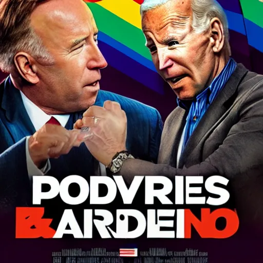 Image similar to movie poster with Alex Jones and Joe Biden hiding from a giant frog carrying a pride flag