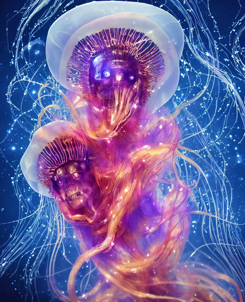 Prompt: close-up portrait of the face of a beautiful princess in a twisted flowers jellyfish mask in a spaceman suit surrounded by energy flow, epic angle and pose, symmetrical artwork, 3d with depth of field, blurred background, floating jellyfish skull phoenix bird, translucent, nautilus, energy flows of water and fire. a highly detailed epic cinematic concept art CG render. made in Maya, Blender and Photoshop, octane render, excellent composition, cinematic dystopian brutalist atmosphere, dynamic dramatic cinematic lighting, aesthetic, very inspirational, arthouse. y Greg Rutkowski, Ilya Kuvshinov, WLOP, Stanley Artgerm Lau, Ruan Jia and Fenghua Zhong