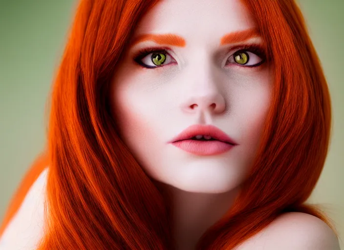 Image similar to 5 5 mm portrait photo of a redhead woman's face with ( intricate cat eyes )!!. highly detailed 8 k. intricate. lifelike. soft light. nikom d 8 5 0. cinematic post - processing