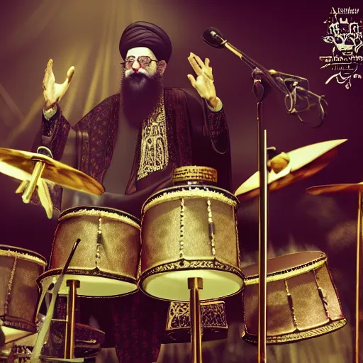 Image similar to khamenei playing drums in heavy metal band in heaven, high definition, trending on artstation, unreal engine, photorealistic, high resolution,, trending on deviantart, hdr, hyper detailed, insane details, intricate, elite, ornate, elegant, luxury, dramatic lighting