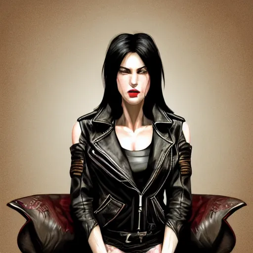 Prompt: a woman with black hair and a leather jacket sitting on a chair in a run down hotel room upset, muscular upper body, abs, d & d, fantasy, intricate, elegant, highly detailed, digital painting, artstation, concept art, smooth, sharp focus, illustration, unreal engine 5, face enhance, masterpiece