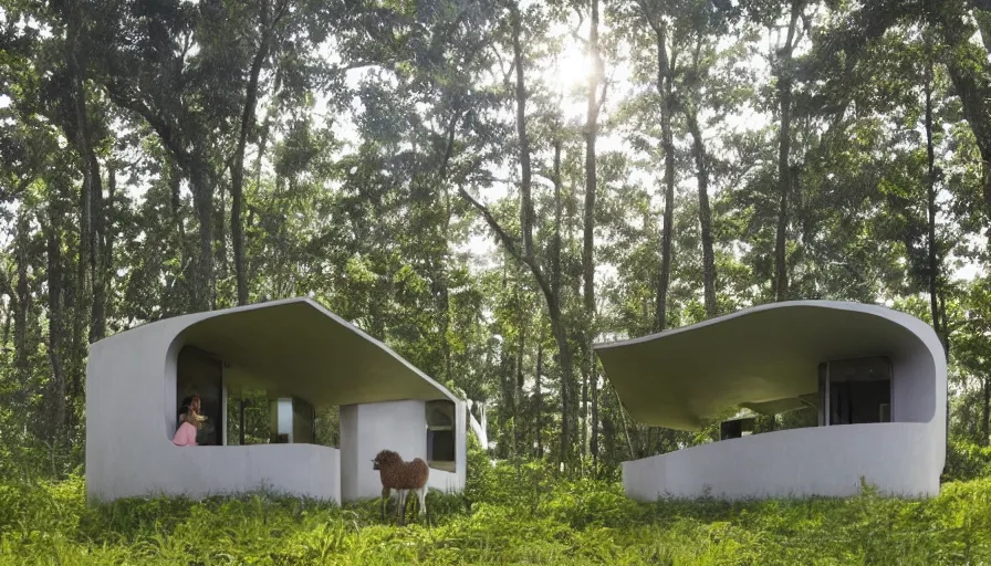 Prompt: A wide image of an eco-community of innovative contemporary 3D printed prefab sea ranch style cabins with rounded corners and angles<photobomb>alpaca</photobomb>, beveled edges, made of cement and concrete, organic architecture, in a lush green forest Designed by Gucci and Wes Anderson, golden hour