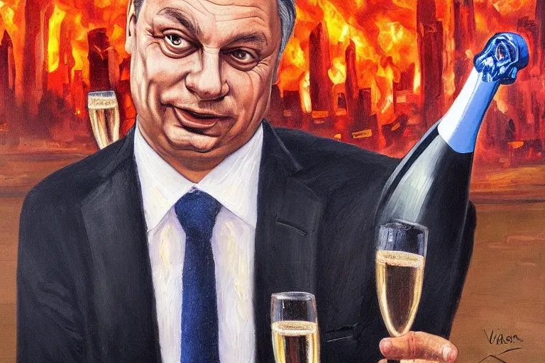 Image similar to viktor orban drinking champagne in front a burning city, highly detailed eyes, oil on canvas