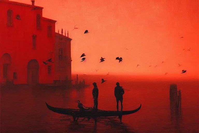 Image similar to only with red, a red dystopic knight, venice, flock of birds in the red sky, in the style of beksinski, parts by edward hopper, parts by rodcenko, parts by yue minjun, intricate and epic composition, red by caravaggio, insanely quality, highly detailed, masterpiece, red light, artstation, 4 k