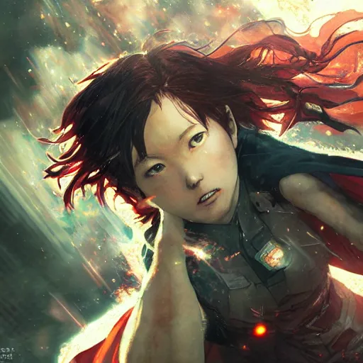 Prompt: Young Nakamura Aya as a superhero, dramatic scene, manga panel, 8k, art by Akihiko Yoshida and Greg Rutkowski