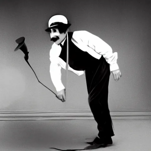 Image similar to Charlie Chaplin dancing, with hat, cane, shoes, moustache, 1920s vibes, black and white silent movie style, yellow infrared