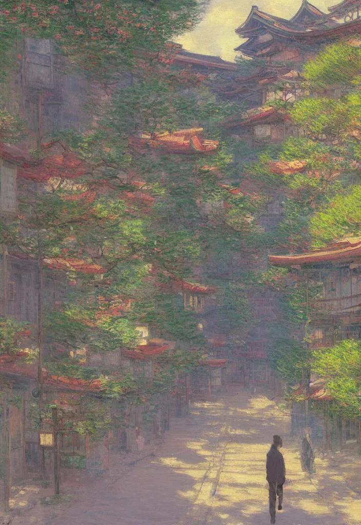Image similar to a beautiful japanese city in the mountain, amazing ryokans and gorgeous edo era houses, epic cyberpunk, lofi vibe, colorful, vivide colors, amazing light, really beautiful nature, oil painting in impressionist style, by jeremy lipkin, by claude monet, by makoto shinkai, multiple brush strokes, inspired by ghibli, masterpiece, beautiful
