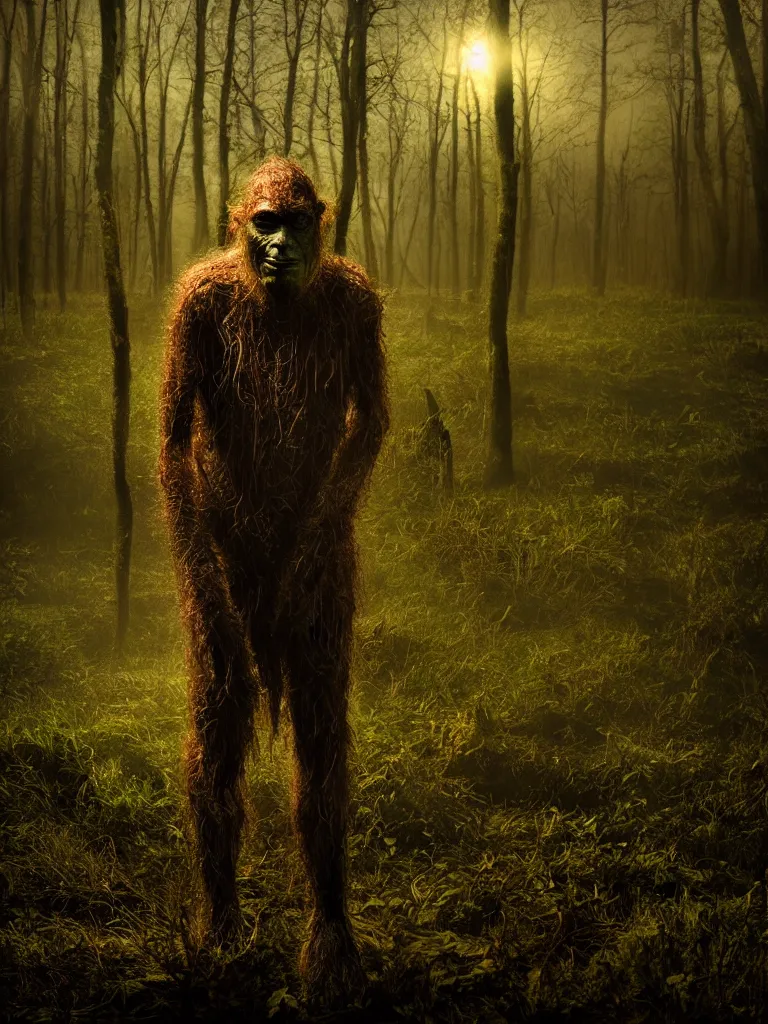 Image similar to a portrait of a swamp monster in a wooded bog at night, cinematic, wildlife photography, moody lighting, volumetric light