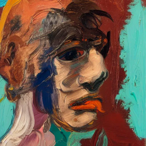 Image similar to high quality high detail expressionist painting of a woman on horseback by lucian freud and jenny saville and francis bacon and nicola samori, hd, anxiety, turquoise and orange