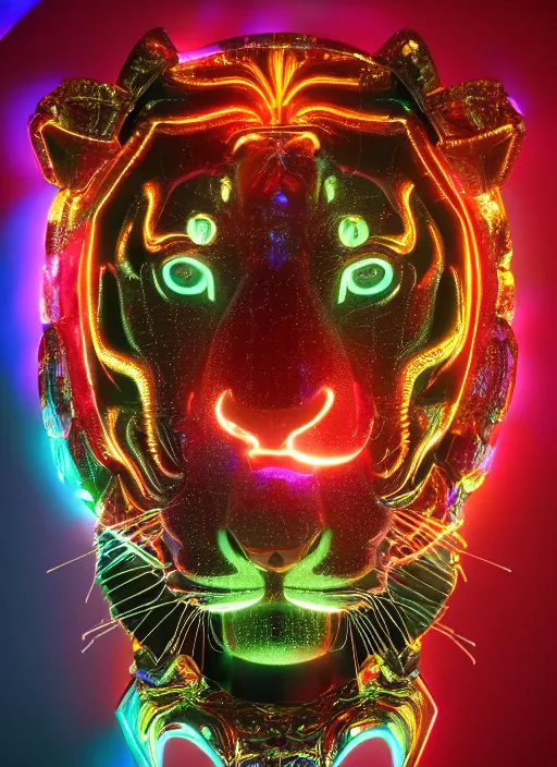Image similar to photo of baroque and bladerunner delicate neon ruby sculpture of seductive albino king william levy tigers orange iridescent humanoid deity wearing metallic hoody made out of leaves holding the sun prismatic dungeon, glowing rainbow face, crown of white diamonds, cinematic lighting, photorealistic, octane render 8 k depth of field 3 d