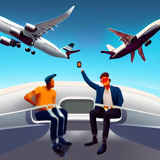 Prompt: a man has to sit in a delayed airplane while his friends enojy a climbing award - winning digital artwork