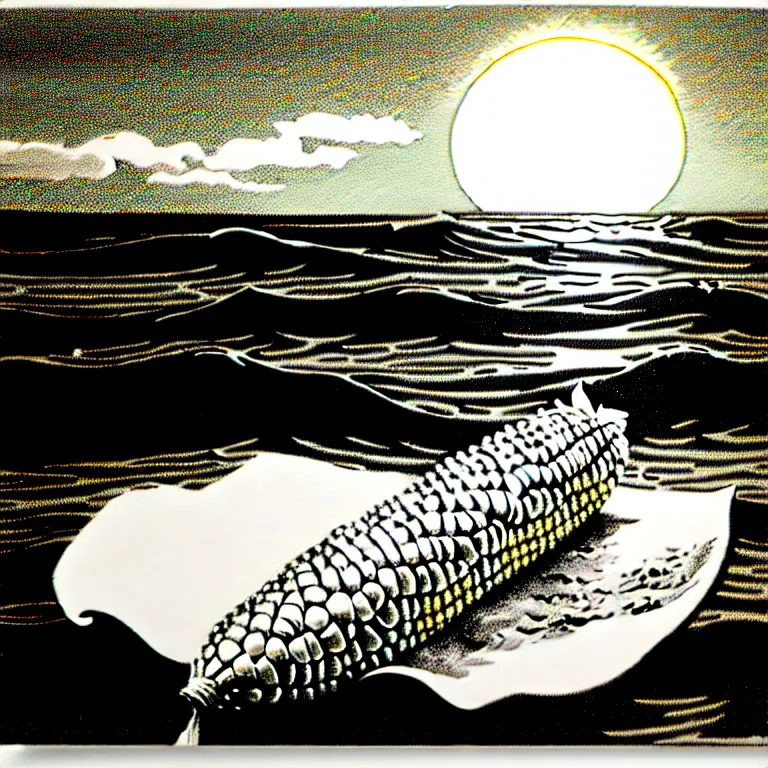 Prompt: corn floating in ocean, waves, sunrise, vintage country style, monochromatic, engraving, detailed