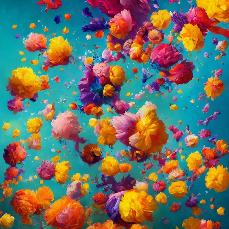 Prompt: a painting of a bunch of flowers floating in the air, a surrealist painting by rhads, james jean, alberto seveso, behance contest winner, psychedelic art, made of flowers, wallpaper, art