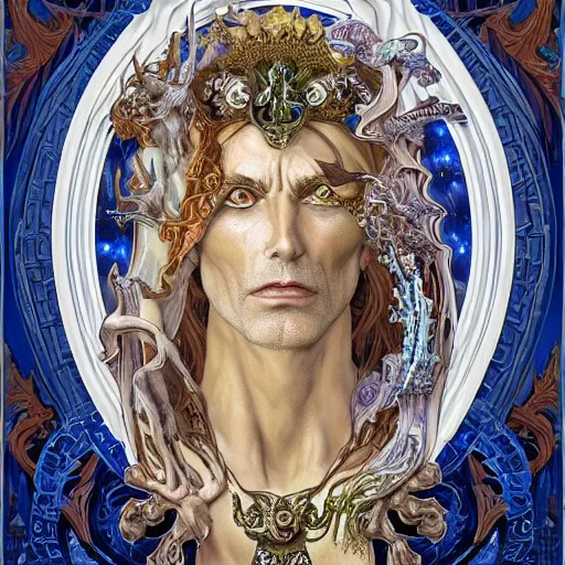 Image similar to portrait of hades king of the underworld made with porcelain by Jeff Easley and Peter Elson + beautiful eyes, beautiful face + symmetry face + border and embellishments inspiried by alphonse mucha, fractals in the background, galaxy + baroque, gothic, surreal + highly detailed, intricate complexity, epic composition, magical atmosphere + masterpiece, award winning + trending on artstation