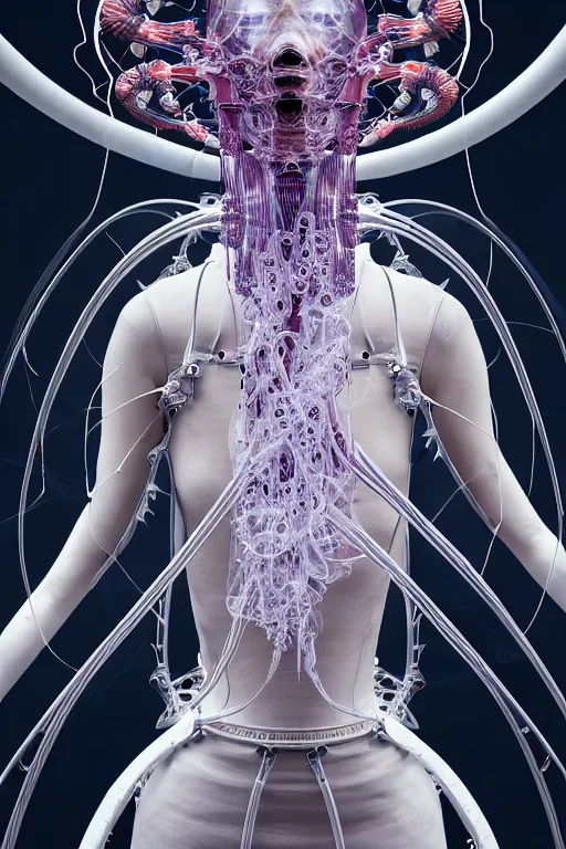 Prompt: background space station, baroque inflateble dress iris van herpen positing on floor, perfect symmetrical, full body shot, white helmet on face, inflateble shapes, wires, tubes, veins, jellyfish, white biomechanical details, wearing epic bionic implants, masterpiece, intricate, biopunk, vogue, highly detailed, artstation, concept art