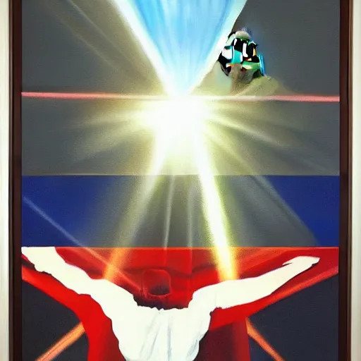 Image similar to alex ross painting of donald trump, sun rays, glorious, victory, usa, heroic