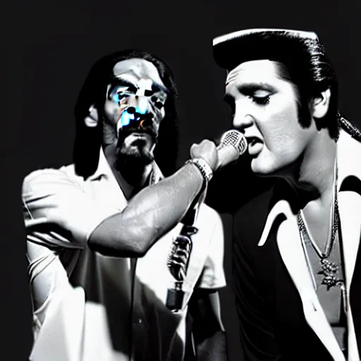 Image similar to elvis presley and snoop dog singing a duet behind a microphone stand, in las vegas, detailed, beautiful, photo, f 1. 8, album cover, photorealistic