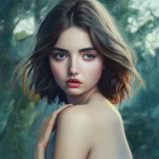 Prompt: a beautiful scenic painting of a beautiful young woman that looks like ana de armas by artgerm and wlop and wes anderson and spike jonze