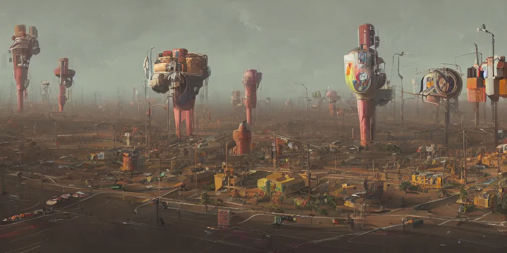 Image similar to a weird town city places with a giant weird thingsimon stalenhag, high detail, digital art, realistic, trending on artstation