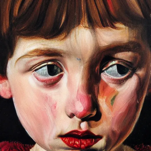 Image similar to high quality high detail painting by lucian freud, hd, young pale girl staring intensely, big eyes, alizarin crimson and black, photorealistic lighting