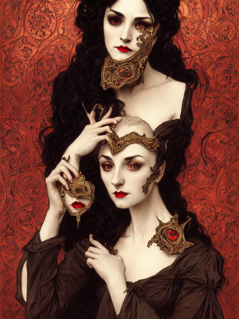 Image similar to elegant single victorian vampire holding a venetian mask on her hand, portrait, intricate, elegant, highly detailed, digital painting, artstation, occult symbols, ceremonial, enochean, mystical, concept art, rough, sharp focus, illustration, art by artgerm and greg rutkowski and alphonse mucha and cris ortega and serge birault