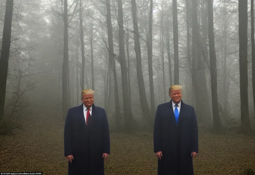 Image similar to low quality iphone photo of donald trump standing ominously deep in the foggy woods with a demonic smile in his face, low visibility creepy