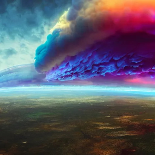 Image similar to promotional movie still, view of alien gas clouds, extreme fluffy clouds, colors, 3 d, digital art, panorama, wide - angle view, skyscape, octane 3 d render, ue 5, realism, cinematic, imax 7 0 mm.