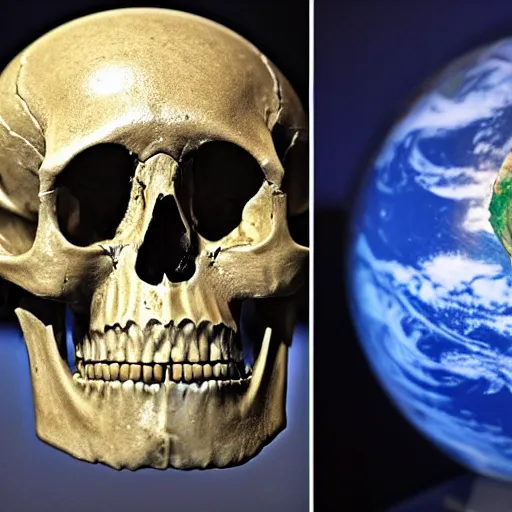 Image similar to A human skull in a museum exhibit with a picture of planet Earth next to it, alien language, science fiction