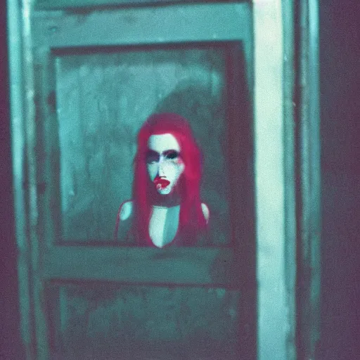 Prompt: photo of vampire behind red glass facing the camera, dark horror, cinematic, cinestill 400 t film