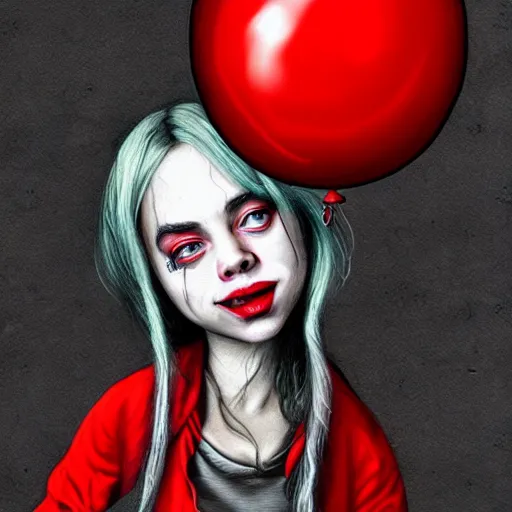 Image similar to surrealism grunge cartoon sketch of billie eilish with a wide smile and a red balloon by - michael karcz, loony toons style, horror theme, detailed, elegant, intricate