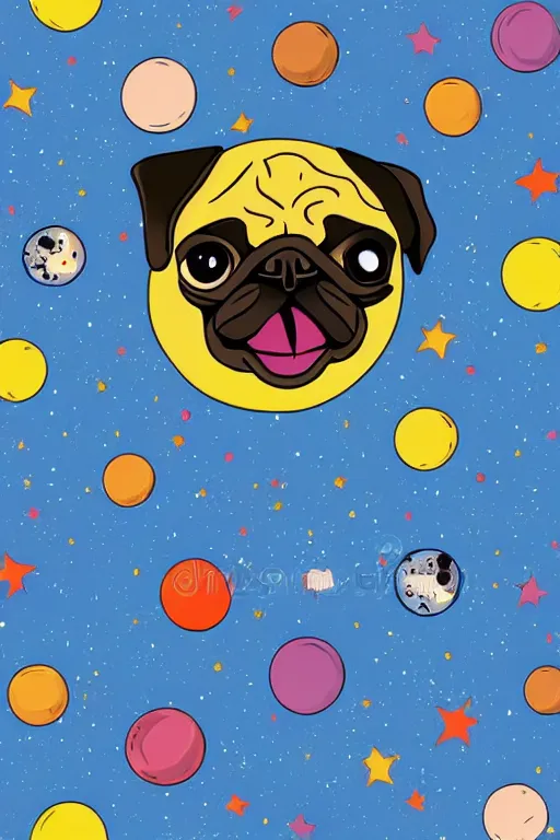 Image similar to planet pug floating in space, art by iktor miller gausa, sticker, colorful, illustration, highly detailed, simple, smooth and clean vector curves, no jagged lines, vector art, smooth